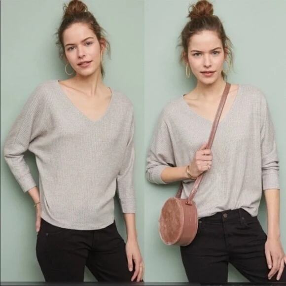 Anthropologie Classic Cloud Fleece Waffle Knit Taupe Dolman Sleeve top XS - Picture 1 of 5